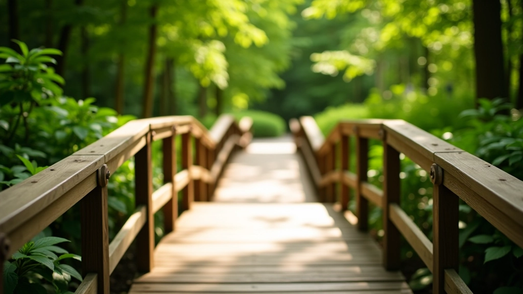 Wooden accessible ramp with gentle slope leading to garden area, handrails visible on both sides, mature trees providing shade overhead