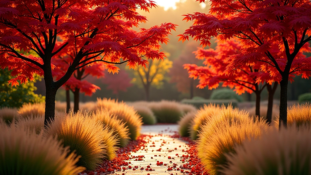 Autumn botanical garden with vibrant red and golden foliage on trees, ornamental grasses with brown seed heads, and fall flower colors