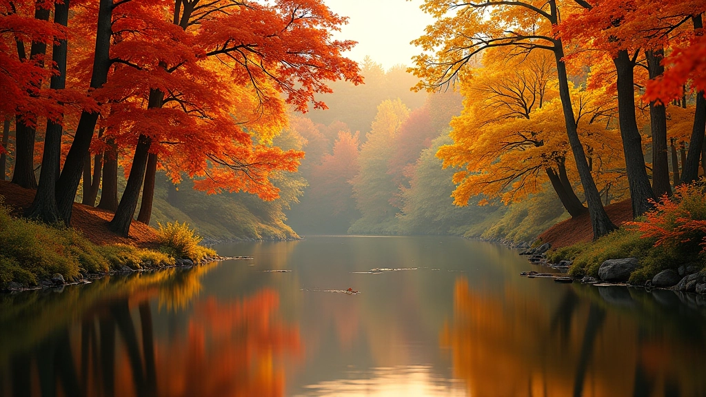 Autumn forest scene with golden and red foliage reflected in calm water