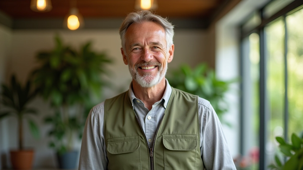 Portrait of experienced botanist with warm expression, professional attire, natural office lighting, chest up shot