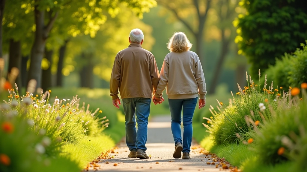 Mature adults walking together on accessible garden pathway in relaxed, comfortable pace