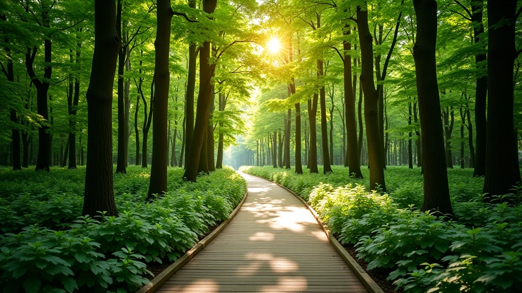 Wooden walking path winding through tall trees with dappled sunlight filtering through green canopy