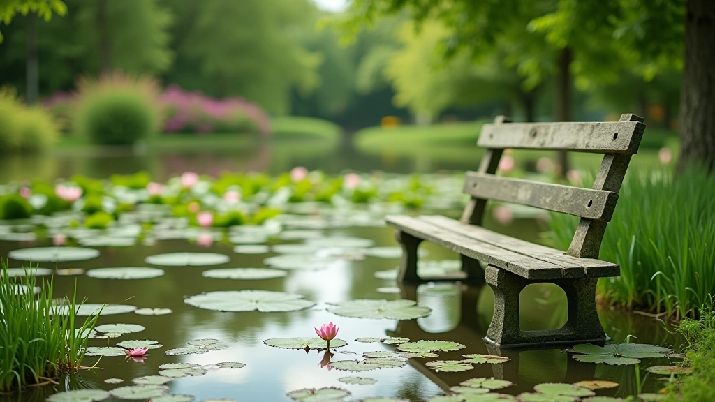 Garden bench positioned next to calm pond water with lily pads and water plants, reflections visible