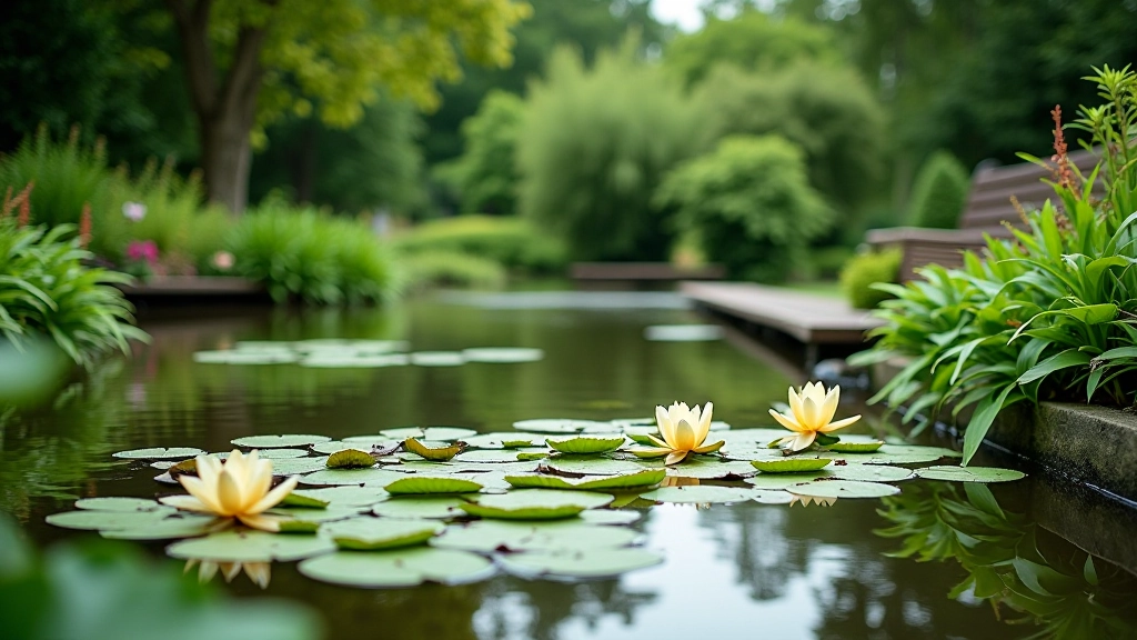 Serene garden pond with water lilies and benches surrounded by lush green plants and trees
