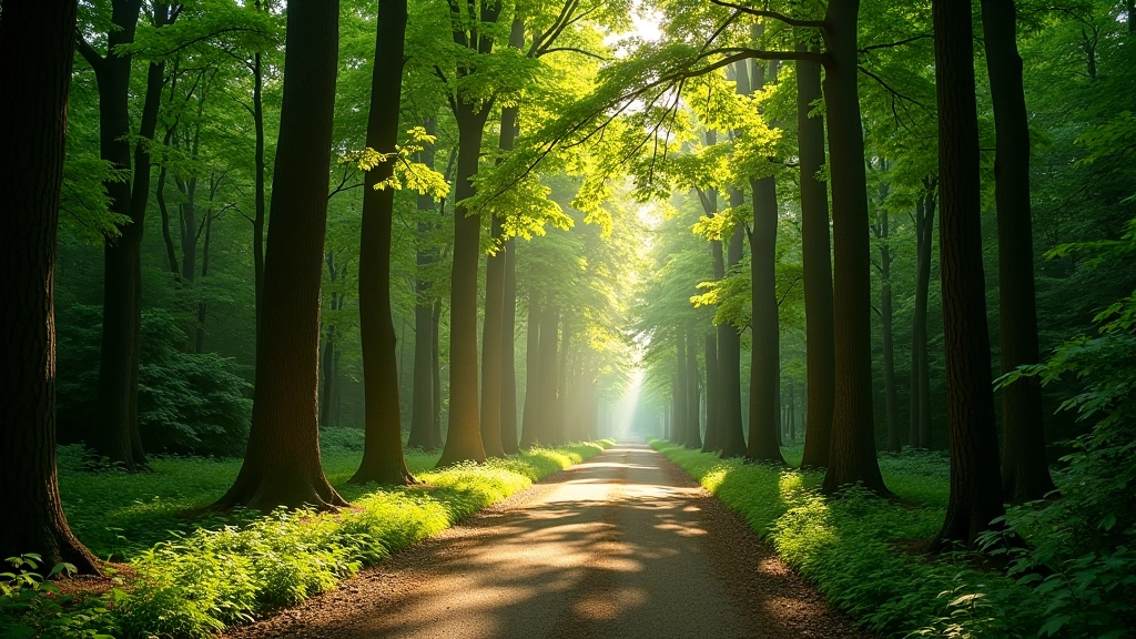 Peaceful forest path at botanical dendrarium with scattered sunlight and native vegetation