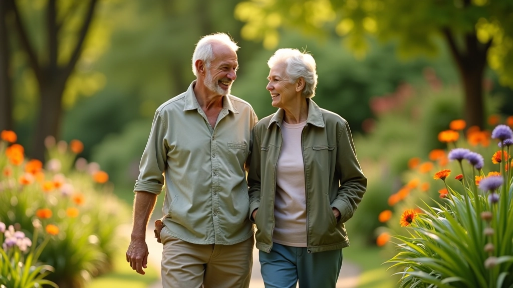 Senior couple enjoying a peaceful walk through lush botanical gardens with vibrant flowers and greenery