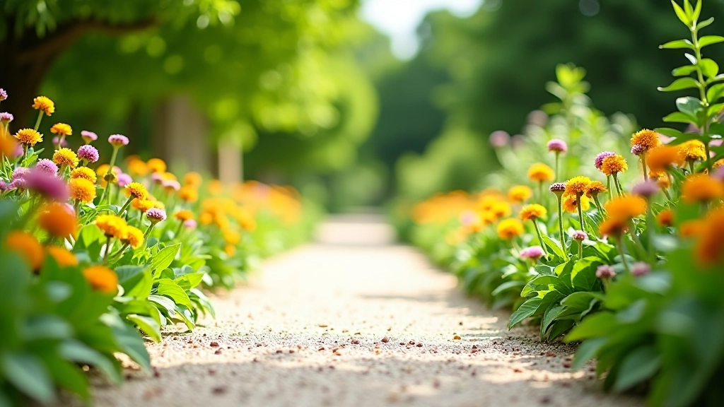 Smooth gravel pathway winding through botanical garden with flowering plants on both sides, clear sunny day with good visibility
