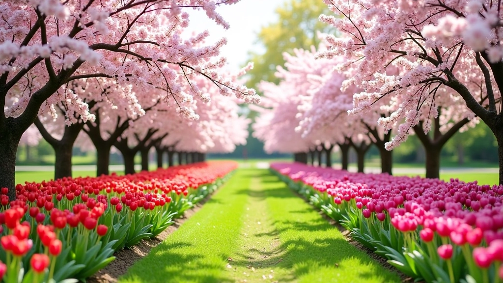 Spring garden display with pink cherry blossoms and purple tulips in bloom, surrounded by fresh green foliage and winding garden paths