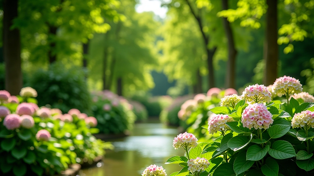 Lush summer garden with dense green foliage, vibrant flowering plants, and water features reflecting sunlight in midday brightness