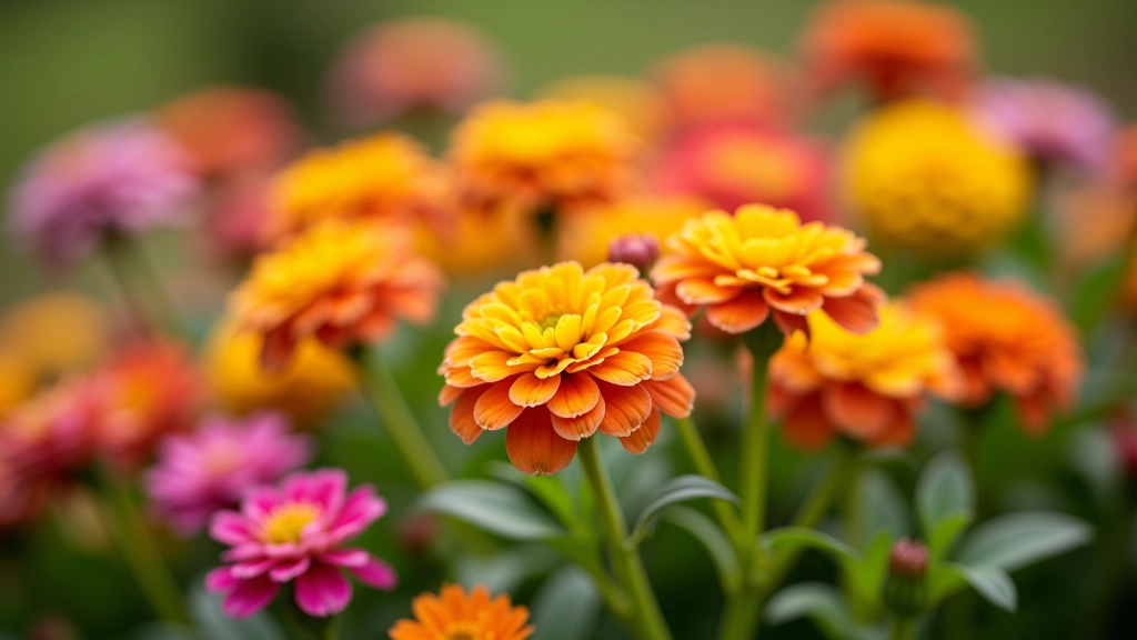 Close-up of colorful flowering plants in a garden bed with multiple blooming flowers in natural sunlight