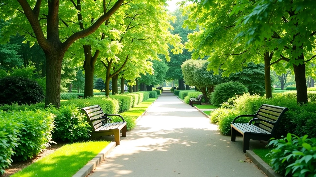 Serene botanical garden pathway with clear walking trails and comfortable rest benches shaded by mature trees
