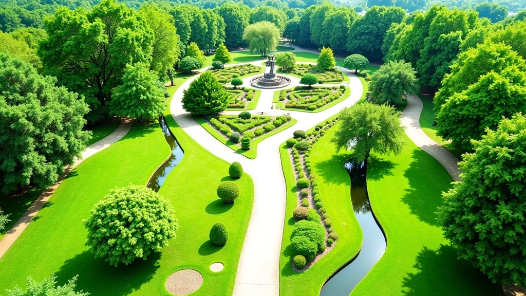 Lush botanical garden with winding pathways surrounded by diverse plant species and natural landscape