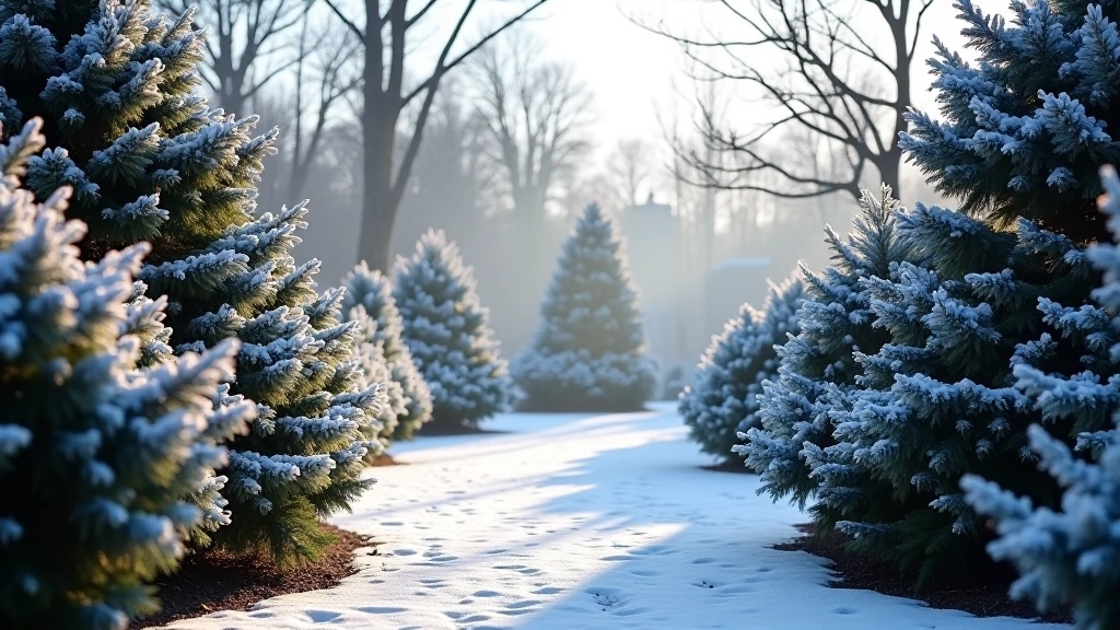Winter botanical garden with frost-covered evergreen plants, bare tree branches creating geometric patterns, and pathways dusted with light snow or frost