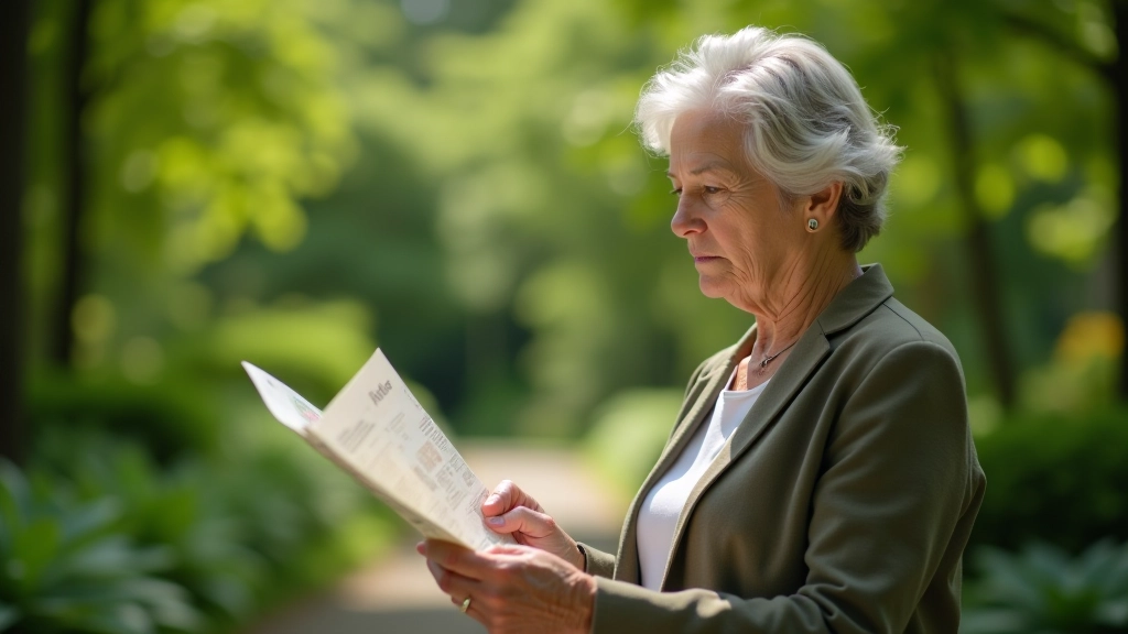 Senior woman carefully reviewing detailed garden guide and map at the entrance to botanical gardens