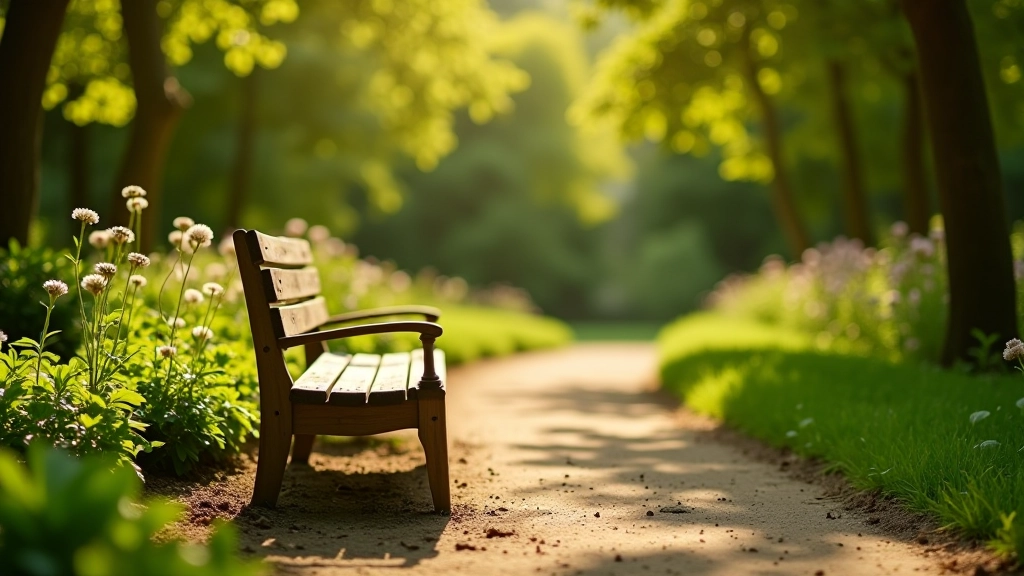 Garden bench on elevated terrain overlooking botanical garden landscape with various plantings visible