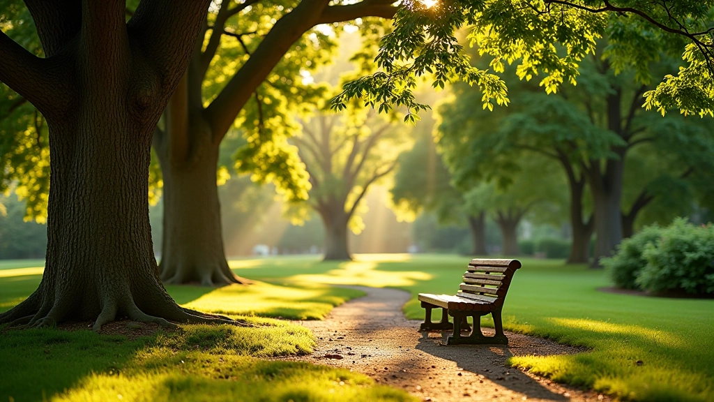 Wooden bench surrounded by tall trees with dappled sunlight filtering through the canopy, peaceful garden setting