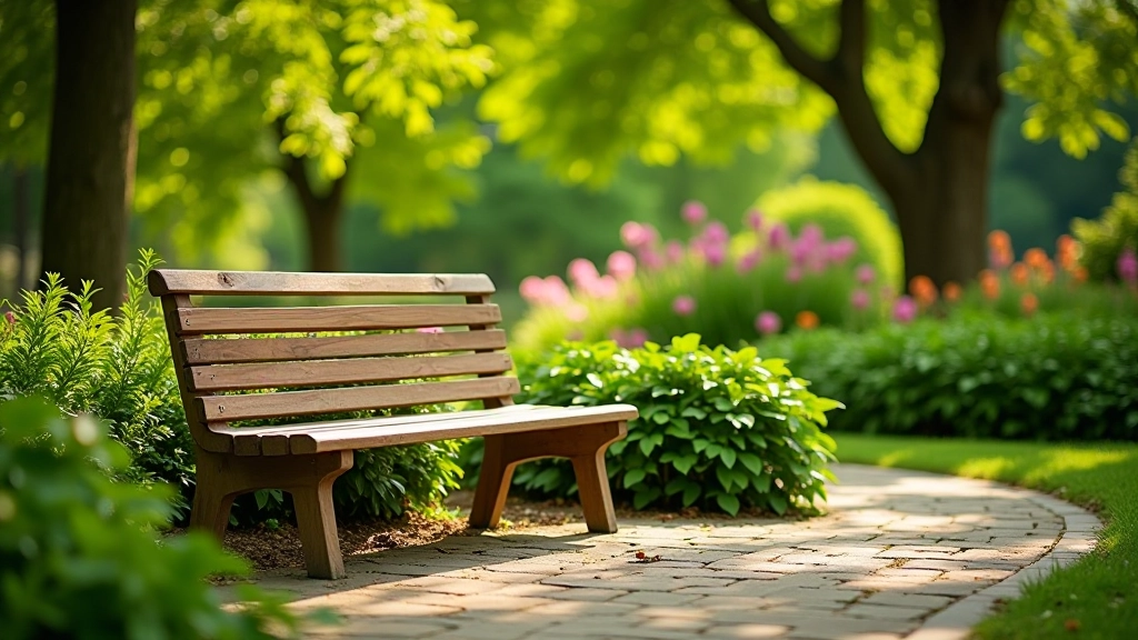 Comfortable rest bench in botanical garden surrounded by flowering shrubs and green vegetation