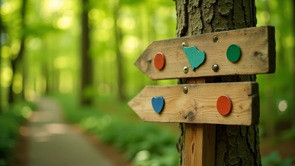 Colorful trail markers on trees indicating different botanical garden routes